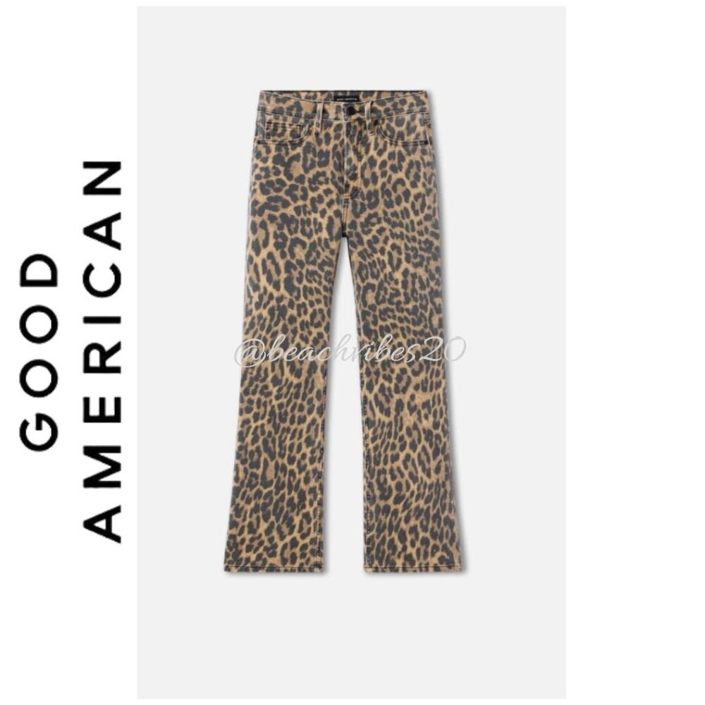 GOOD AMERICAN Good Kick Flare Leopard Jeans Luck Leopard001 8/29 NWT - Picture 6 of 6